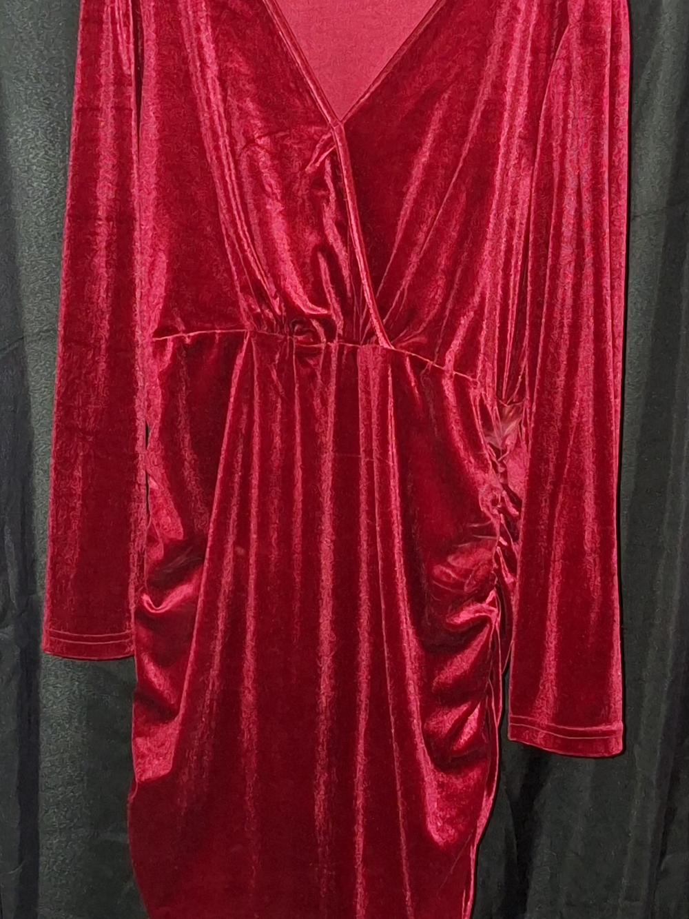 Deep Red Velvet Wrap-Style Evening Dress